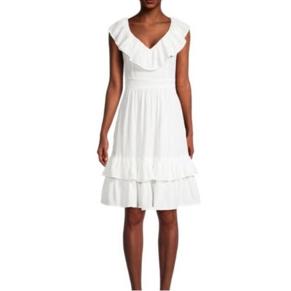 Calvin Klein Women’s White Ruffled Sleeveless Crinkle Dress Fit & Flare Size 2